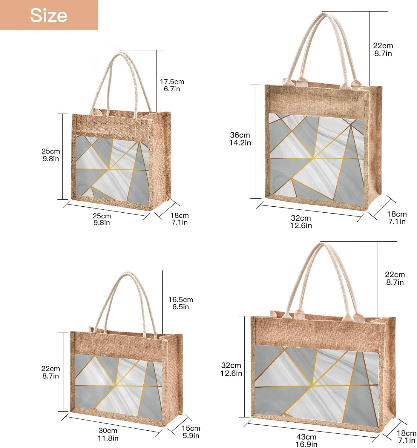 Oyihfvs Durable Burlap Bag with Handles, Zipper Jute Tote Reusable Bag Waterproof Lining for Shopping Work Travel beach