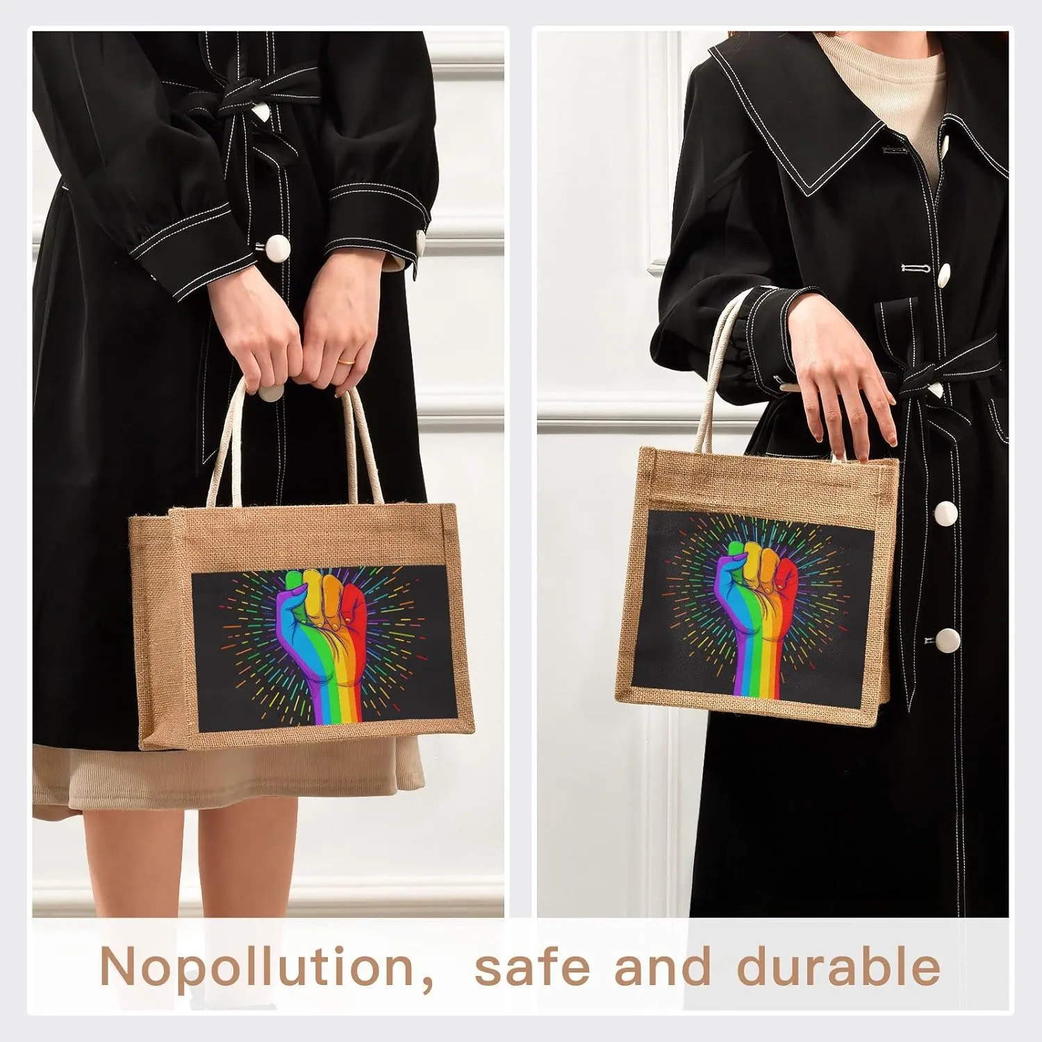 Oyihfvs Durable Burlap Bag with Handles, Zipper Jute Tote Reusable Bag Waterproof Lining for Shopping Work Travel beach