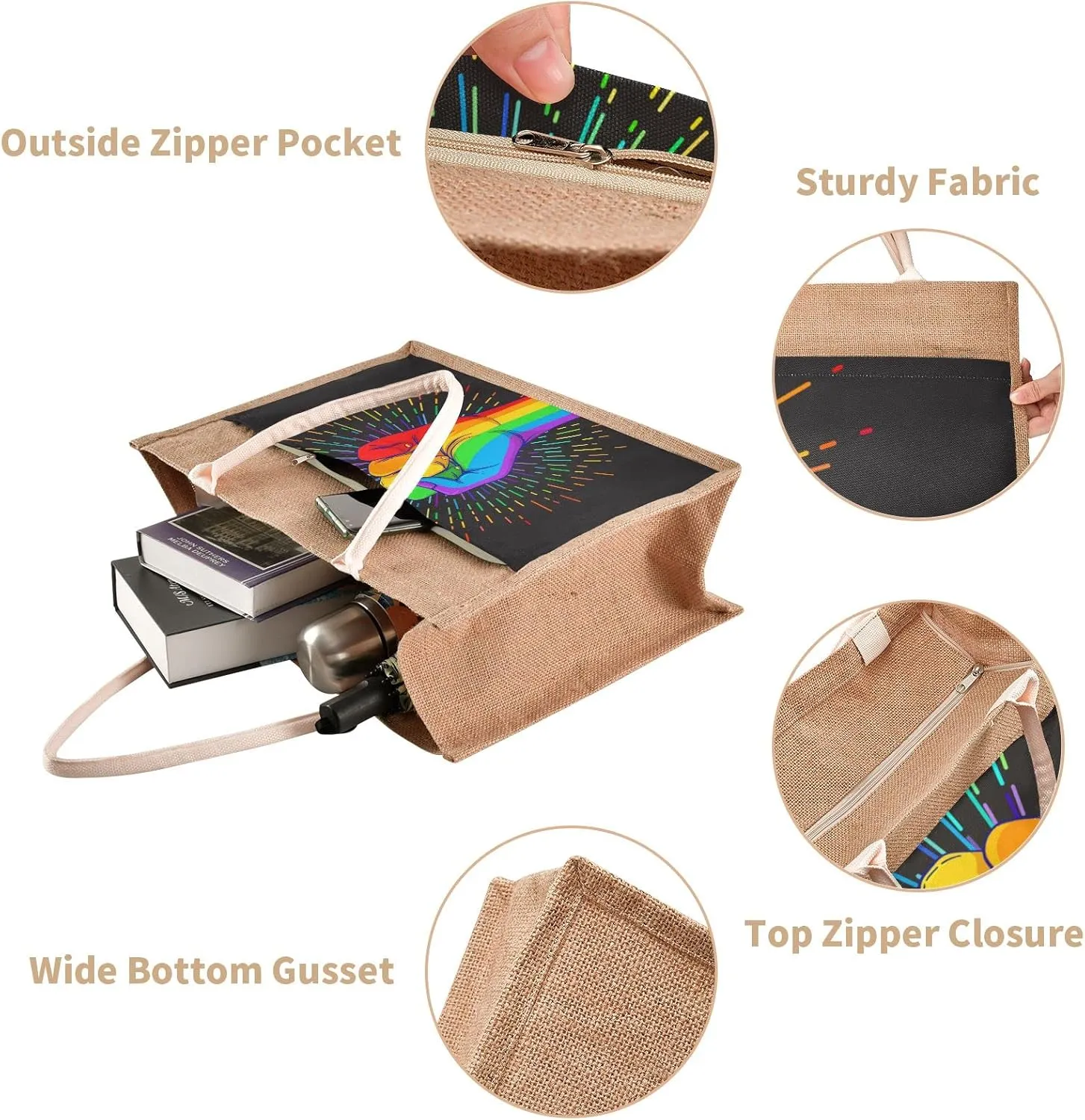Oyihfvs Durable Burlap Bag with Handles, Zipper Jute Tote Reusable Bag Waterproof Lining for Shopping Work Travel beach