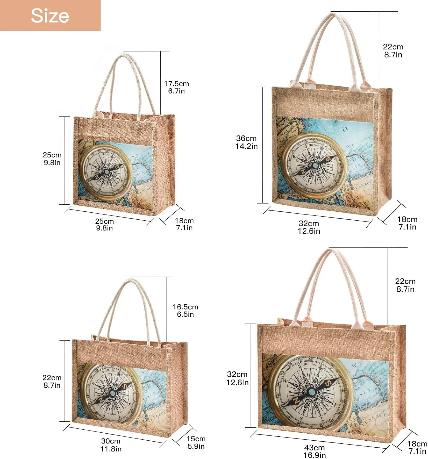 Oyihfvs Durable Burlap Bag with Handles, Zipper Jute Tote Reusable Bag Waterproof Lining for Shopping Work Travel beach