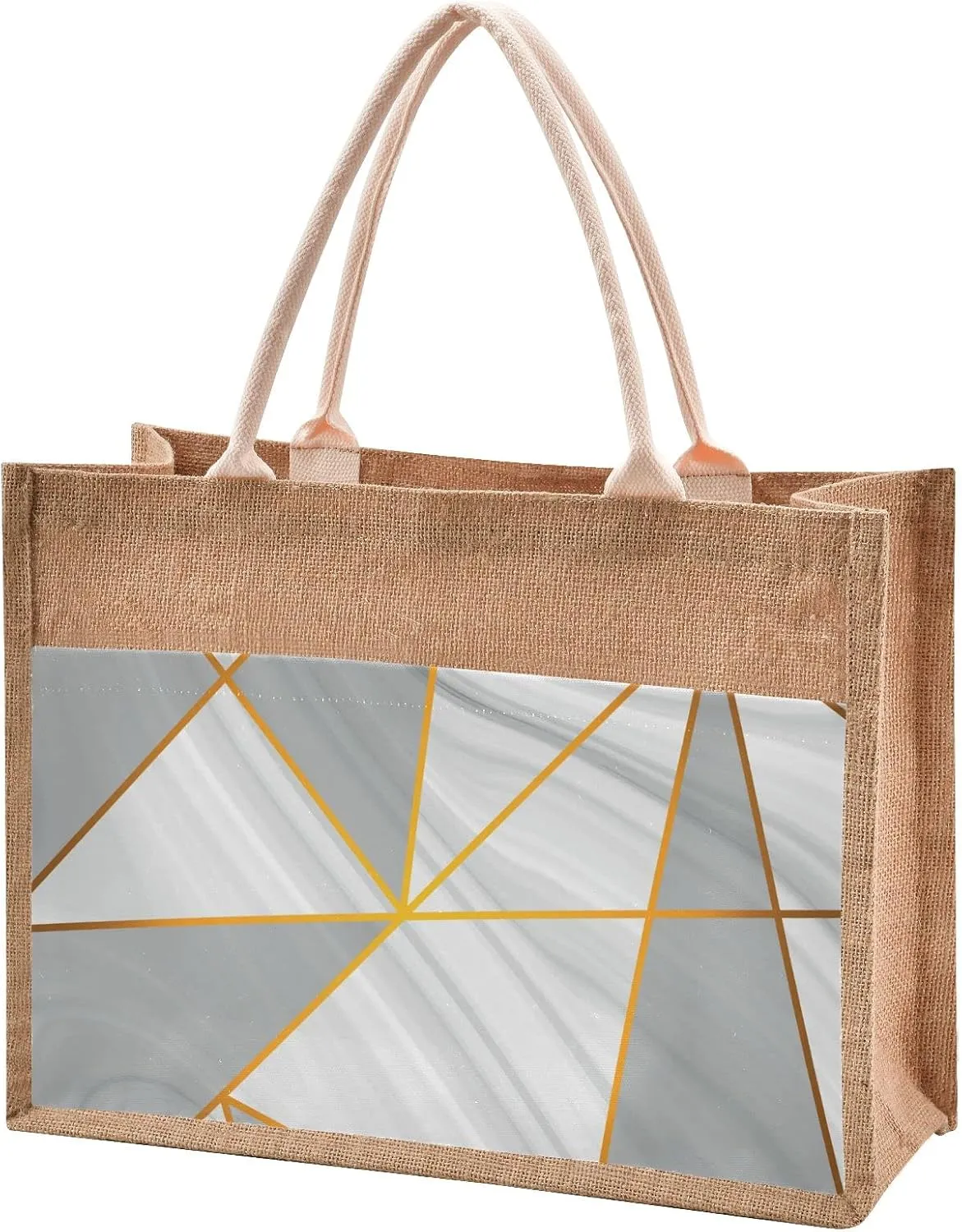 Oyihfvs Durable Burlap Bag with Handles, Zipper Jute Tote Reusable Bag Waterproof Lining for Shopping Work Travel beach