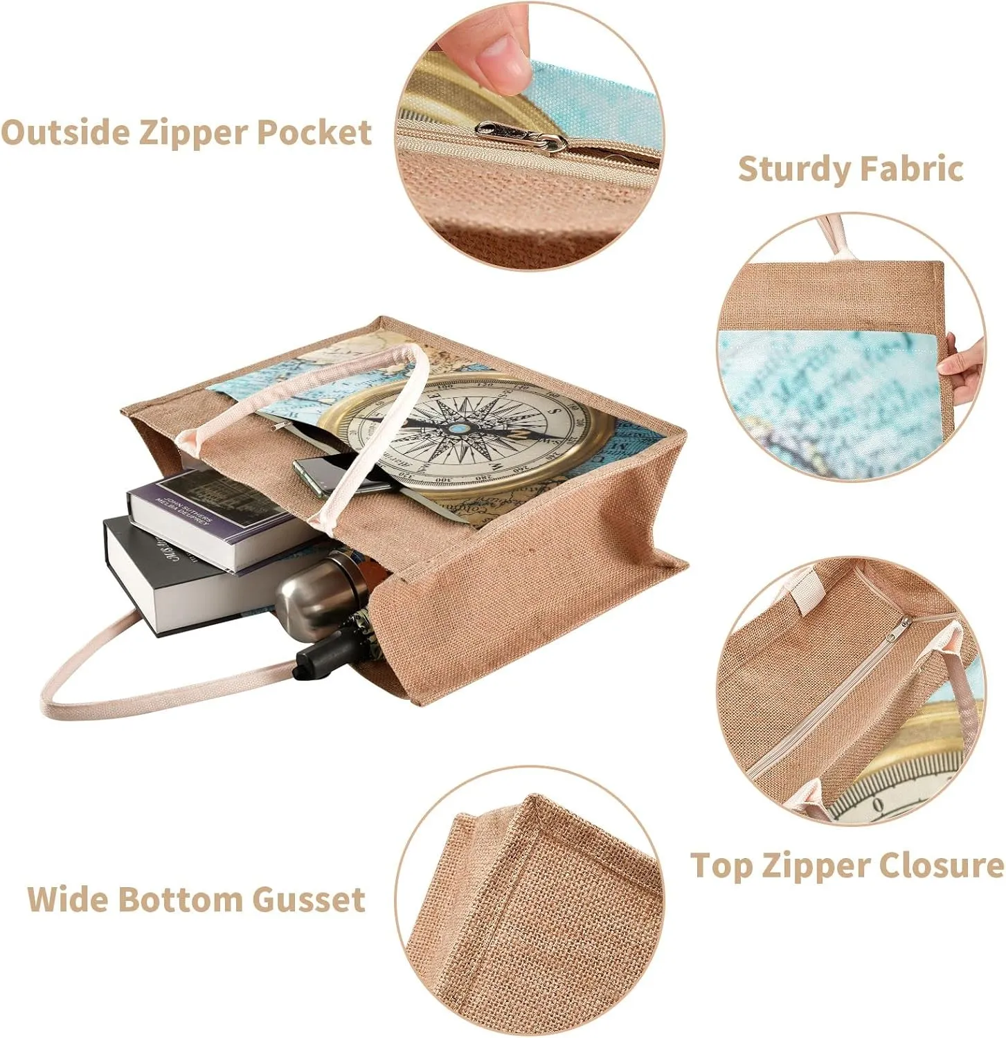 Oyihfvs Durable Burlap Bag with Handles, Zipper Jute Tote Reusable Bag Waterproof Lining for Shopping Work Travel beach