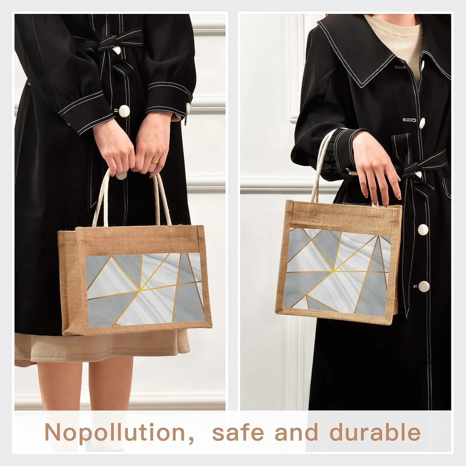 Oyihfvs Durable Burlap Bag with Handles, Zipper Jute Tote Reusable Bag Waterproof Lining for Shopping Work Travel beach