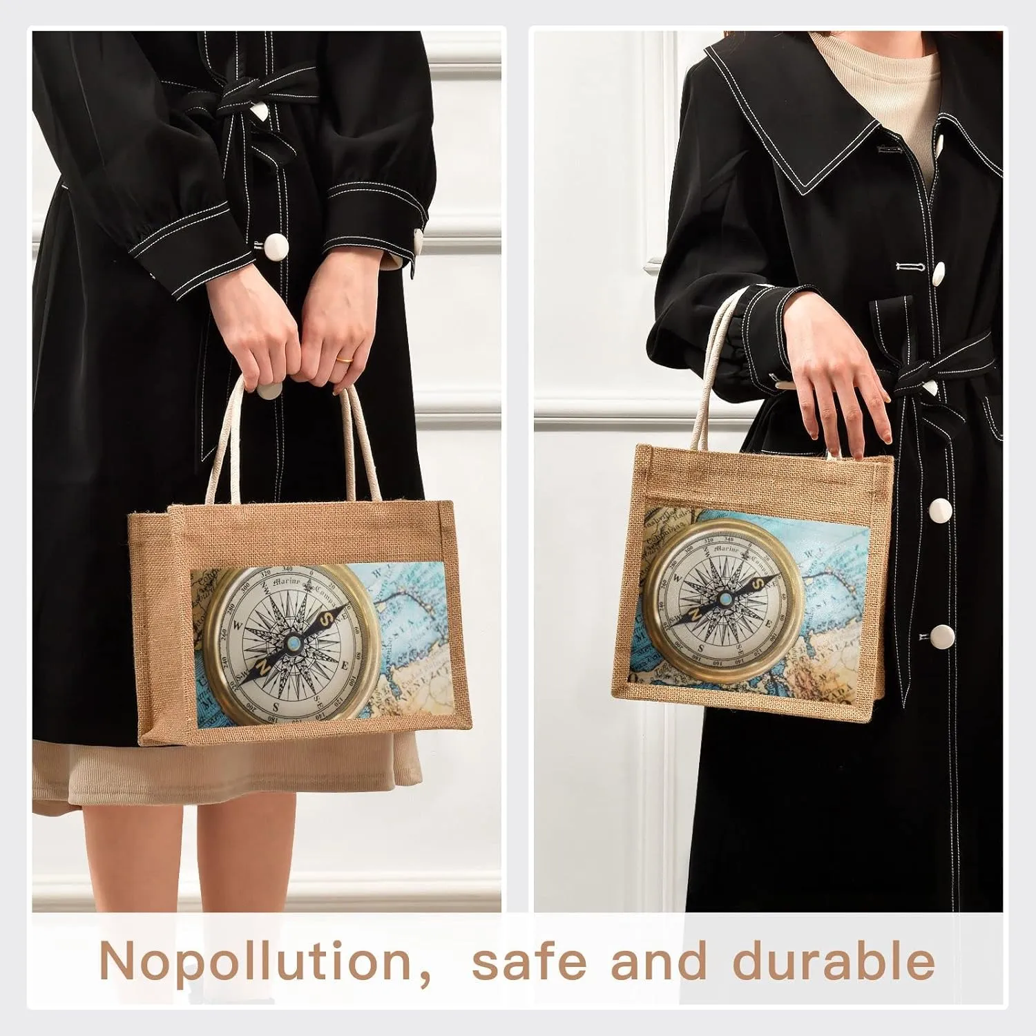 Oyihfvs Durable Burlap Bag with Handles, Zipper Jute Tote Reusable Bag Waterproof Lining for Shopping Work Travel beach