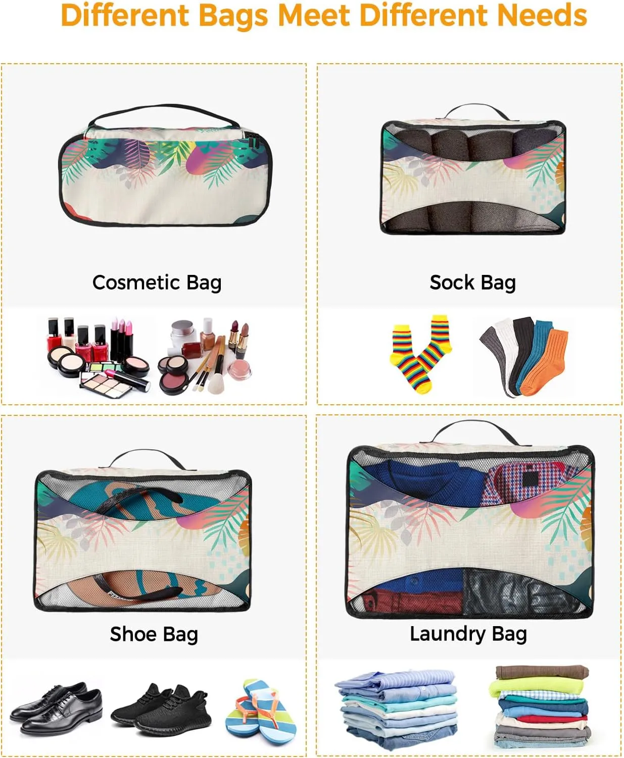 Packing Cubes for Travel, 4 Set Travel Packing Organized Cubes Abstract Plants Leaves Pattern Gradient Linen Texture Waterproof Luggage Organizer Shoe Bag Travel Accessories for Carry On Suitcases
