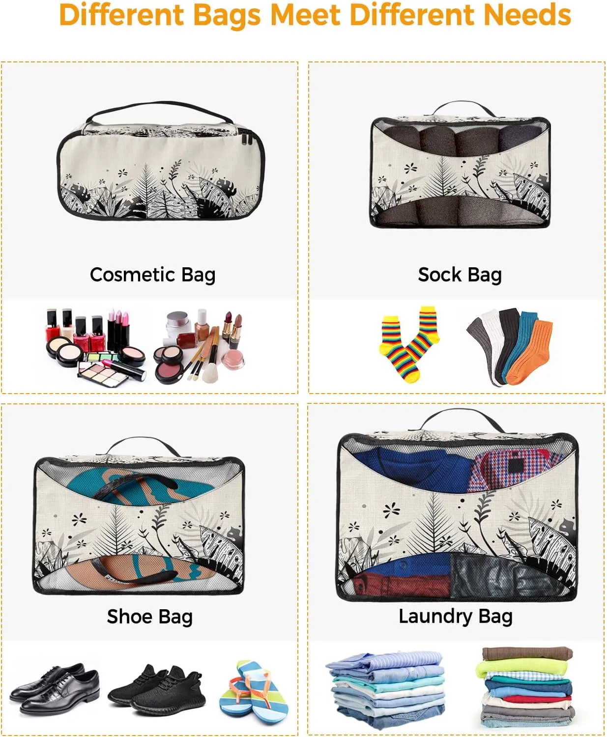 Packing Cubes for Travel, 4 Set Travel Packing Organized Cubes Abstract Plants Leaves Pattrern Black and White Linen Texture Waterproof Luggage Organizer Travel Accessories for Carry On Suitcases