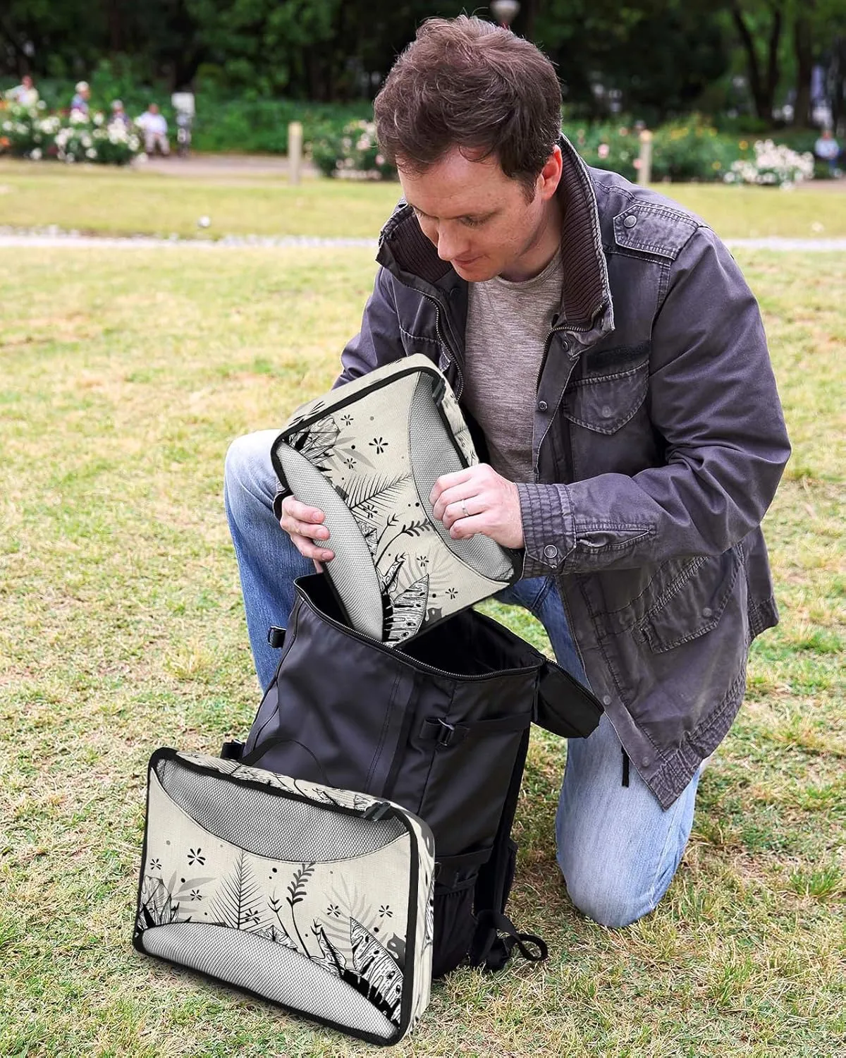 Packing Cubes for Travel, 4 Set Travel Packing Organized Cubes Abstract Plants Leaves Pattrern Black and White Linen Texture Waterproof Luggage Organizer Travel Accessories for Carry On Suitcases