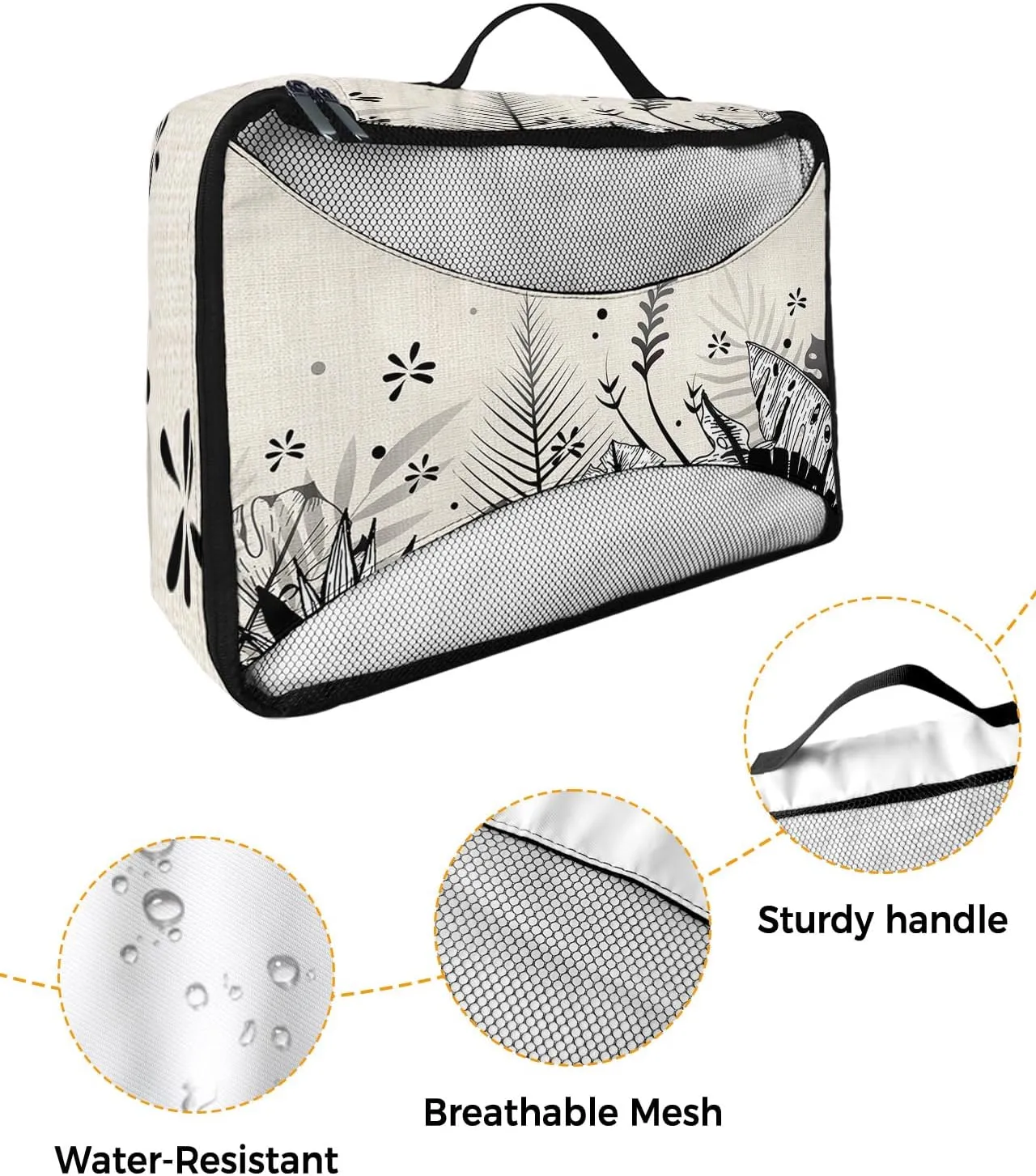 Packing Cubes for Travel, 4 Set Travel Packing Organized Cubes Abstract Plants Leaves Pattrern Black and White Linen Texture Waterproof Luggage Organizer Travel Accessories for Carry On Suitcases