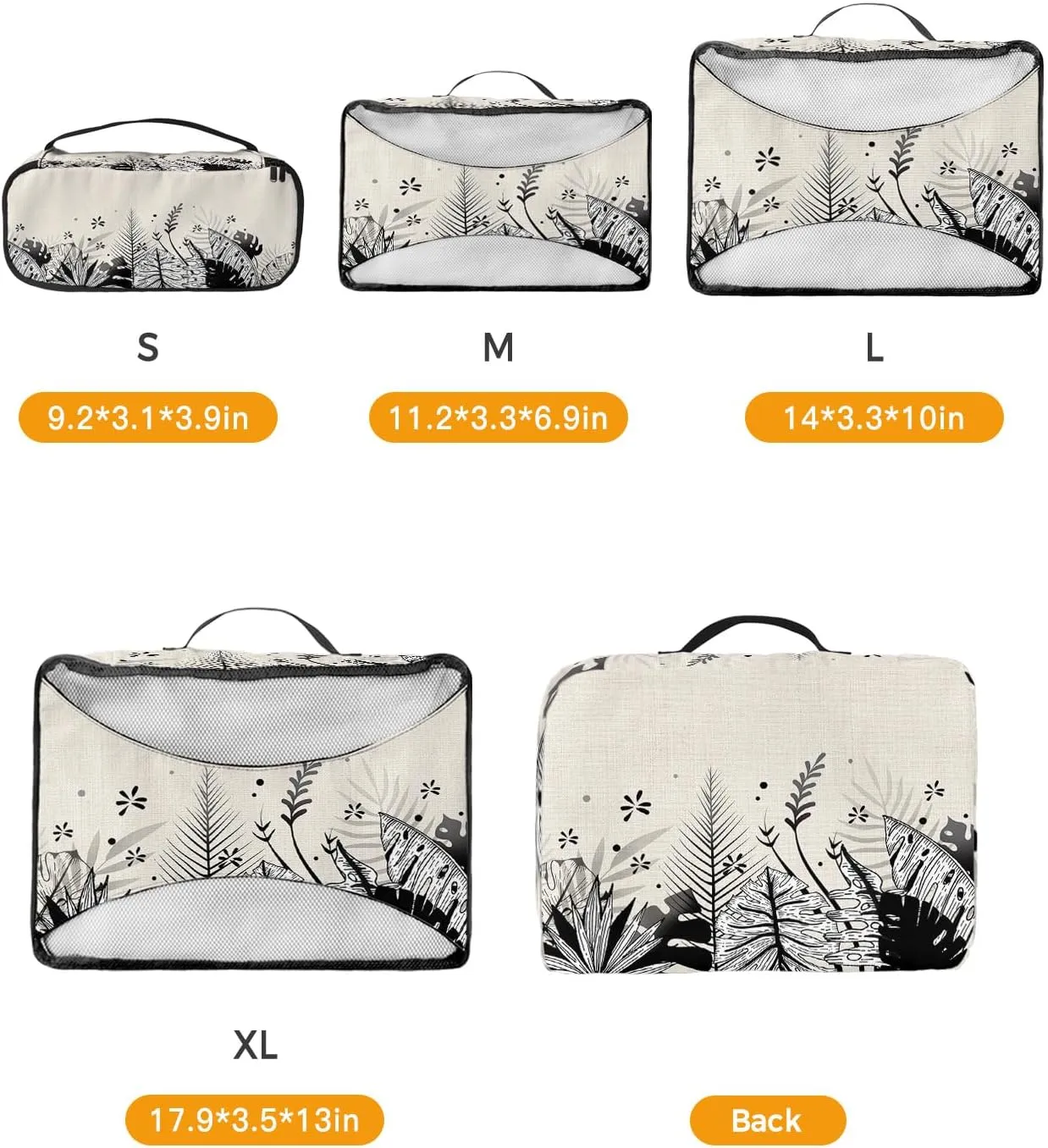 Packing Cubes for Travel, 4 Set Travel Packing Organized Cubes Abstract Plants Leaves Pattrern Black and White Linen Texture Waterproof Luggage Organizer Travel Accessories for Carry On Suitcases