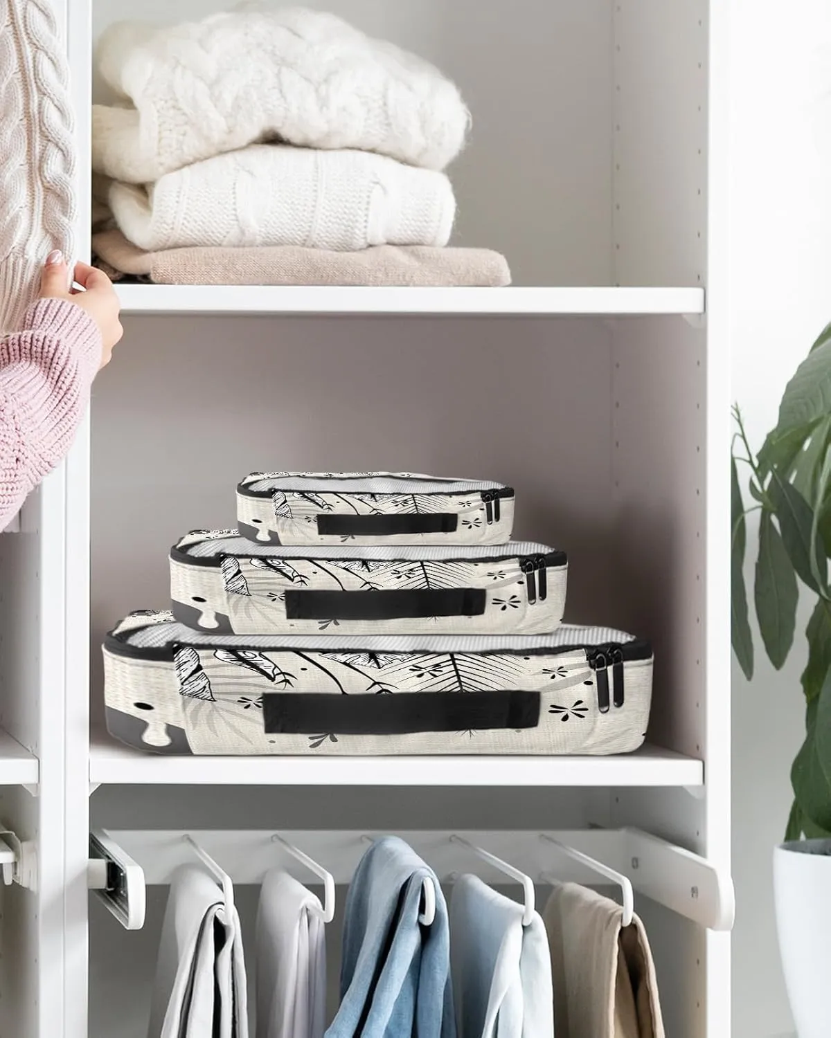 Packing Cubes for Travel, 4 Set Travel Packing Organized Cubes Abstract Plants Leaves Pattrern Black and White Linen Texture Waterproof Luggage Organizer Travel Accessories for Carry On Suitcases