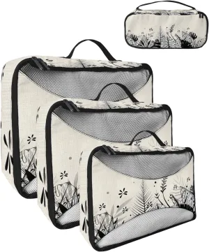 Packing Cubes for Travel, 4 Set Travel Packing Organized Cubes Abstract Plants Leaves Pattrern Black and White Linen Texture Waterproof Luggage Organizer Travel Accessories for Carry On Suitcases