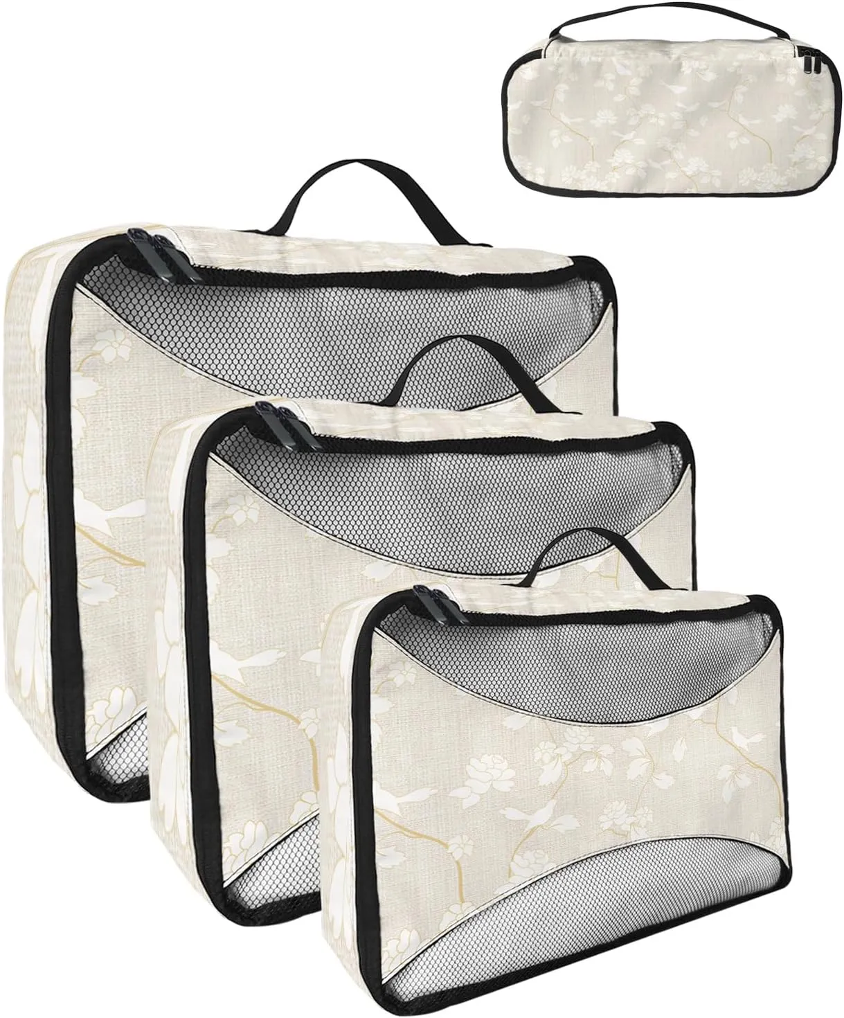 Packing Cubes for Travel, 4 Set Travel Packing Organized Cubes Floral Plants White Birds Pattern Linen Texture Waterproof Luggage Organizer with Laundry Bag Travel Accessories for Carry On Suitcases