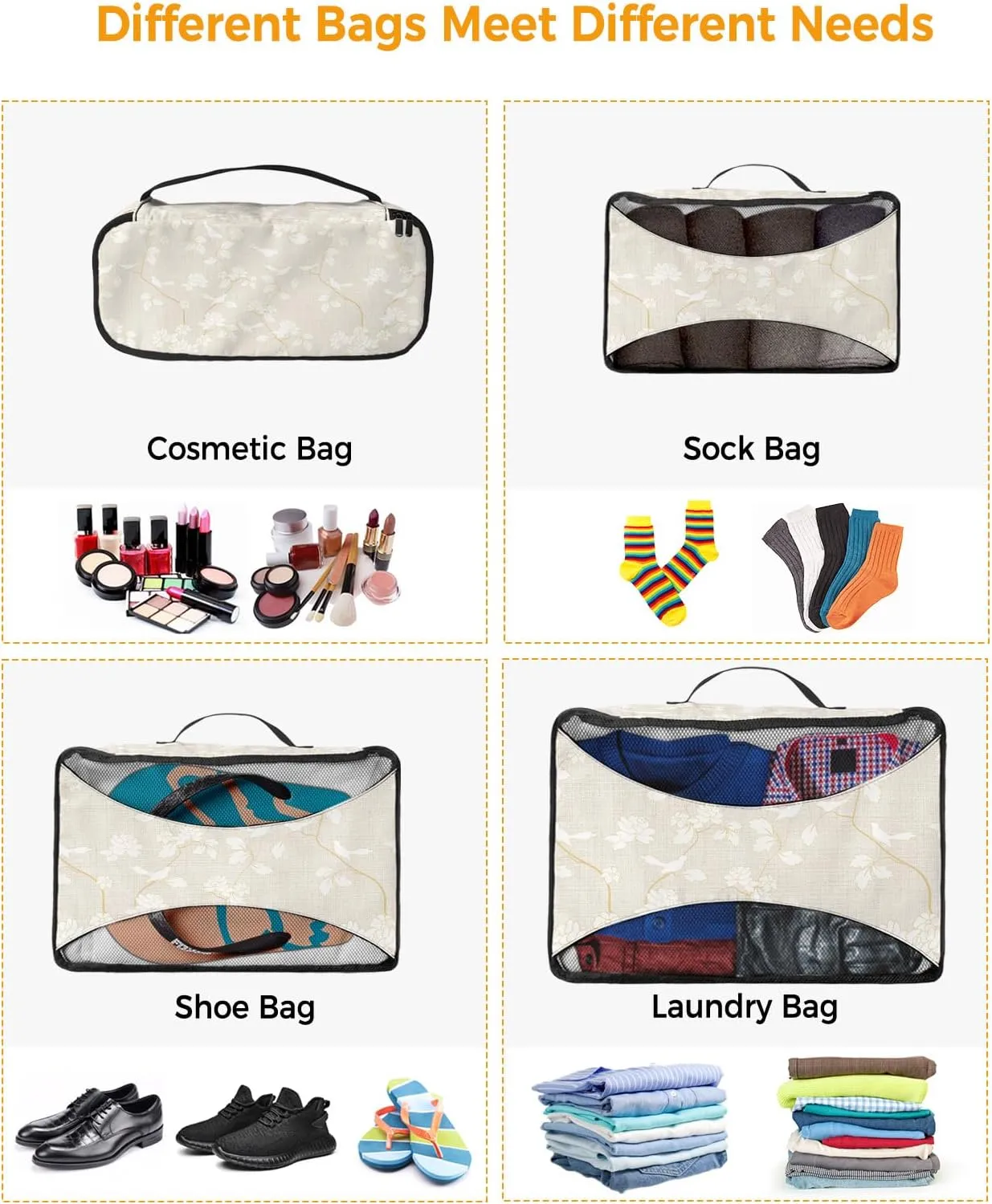 Packing Cubes for Travel, 4 Set Travel Packing Organized Cubes Floral Plants White Birds Pattern Linen Texture Waterproof Luggage Organizer with Laundry Bag Travel Accessories for Carry On Suitcases