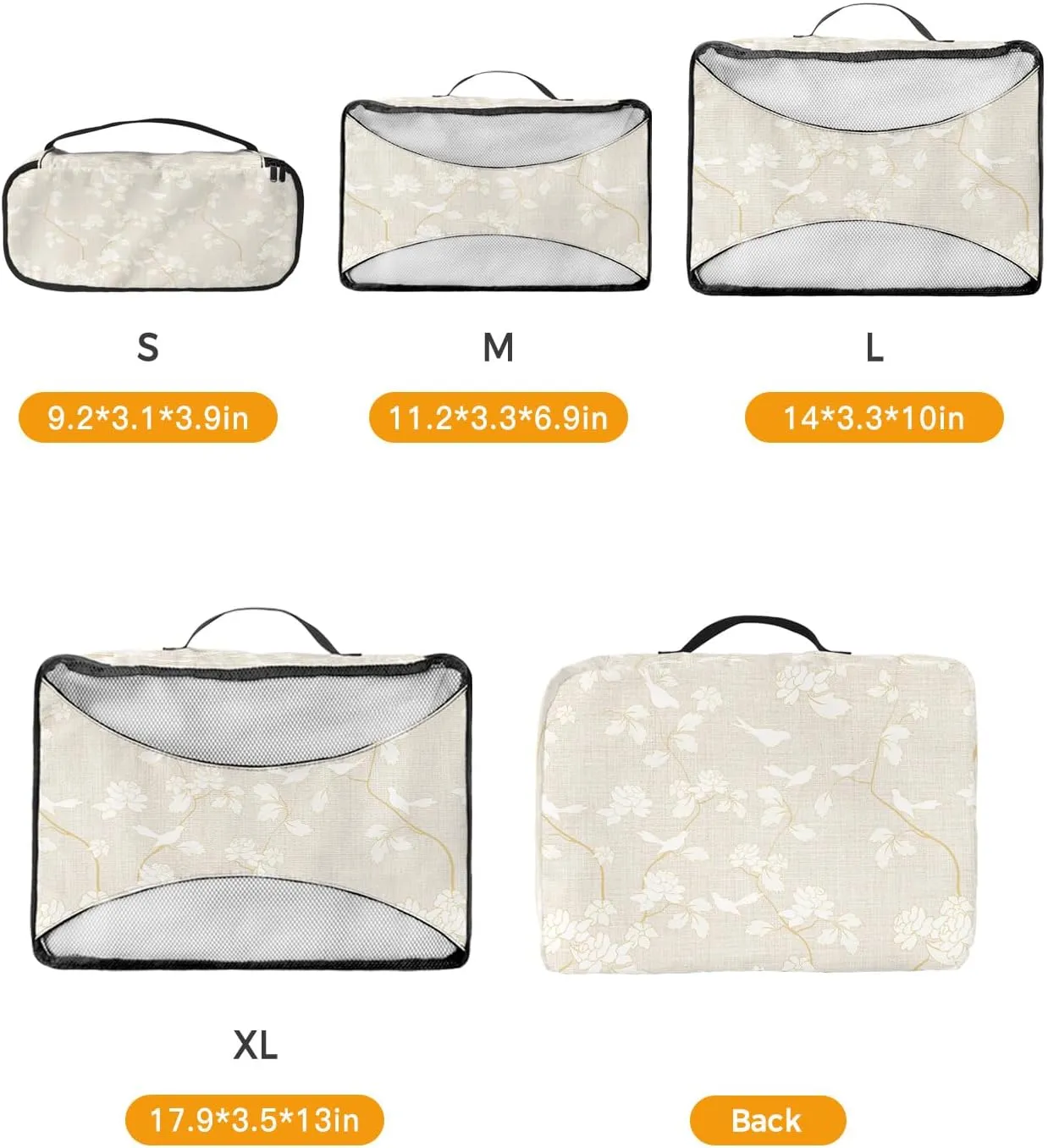 Packing Cubes for Travel, 4 Set Travel Packing Organized Cubes Floral Plants White Birds Pattern Linen Texture Waterproof Luggage Organizer with Laundry Bag Travel Accessories for Carry On Suitcases