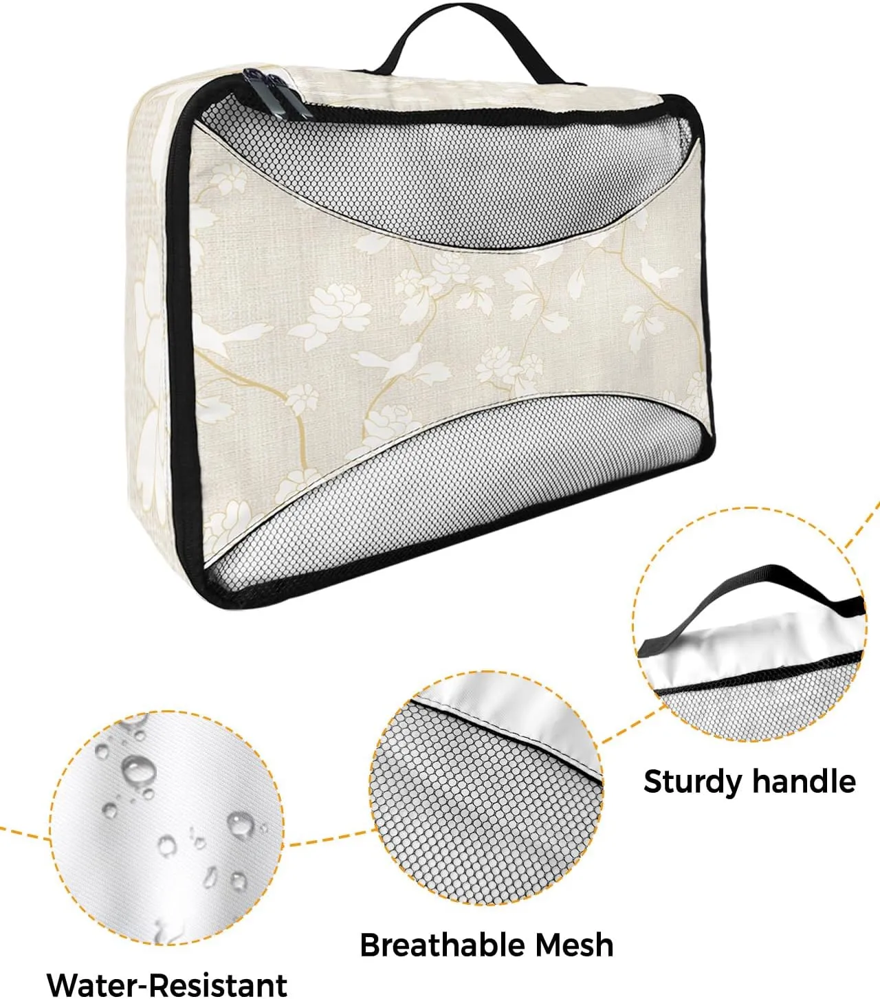 Packing Cubes for Travel, 4 Set Travel Packing Organized Cubes Floral Plants White Birds Pattern Linen Texture Waterproof Luggage Organizer with Laundry Bag Travel Accessories for Carry On Suitcases