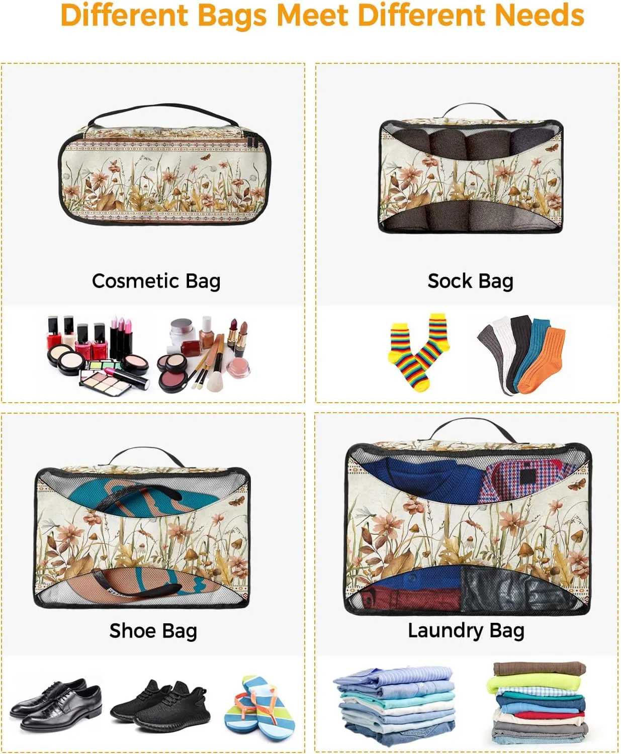 Packing Cubes Travel, 4 Set Travel Packing Organized Cubes Farmhouse Flower Floral Plants Boho Retro Waterproof Luggage Organizer with Laundry Bag Shoe Bag Travel Accessories Carry On Suitcases