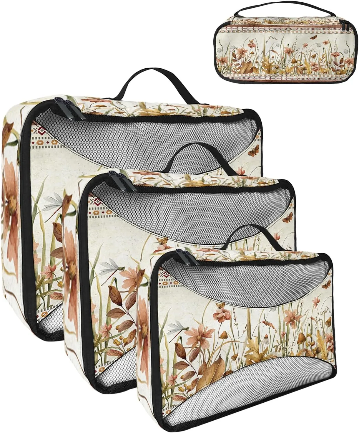 Packing Cubes Travel, 4 Set Travel Packing Organized Cubes Farmhouse Flower Floral Plants Boho Retro Waterproof Luggage Organizer with Laundry Bag Shoe Bag Travel Accessories Carry On Suitcases
