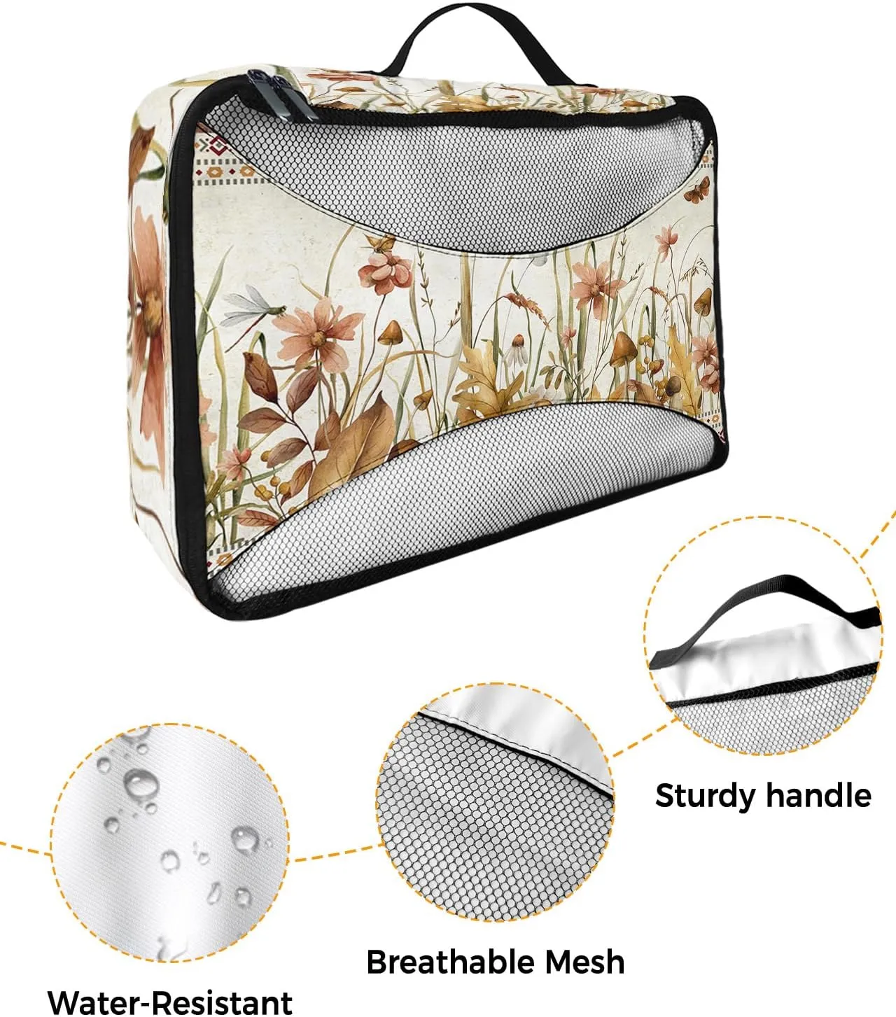 Packing Cubes Travel, 4 Set Travel Packing Organized Cubes Farmhouse Flower Floral Plants Boho Retro Waterproof Luggage Organizer with Laundry Bag Shoe Bag Travel Accessories Carry On Suitcases