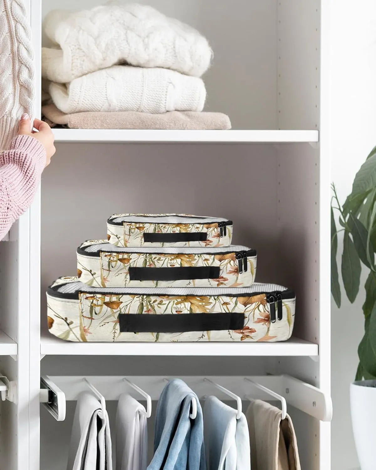 Packing Cubes Travel, 4 Set Travel Packing Organized Cubes Farmhouse Flower Floral Plants Boho Retro Waterproof Luggage Organizer with Laundry Bag Shoe Bag Travel Accessories Carry On Suitcases