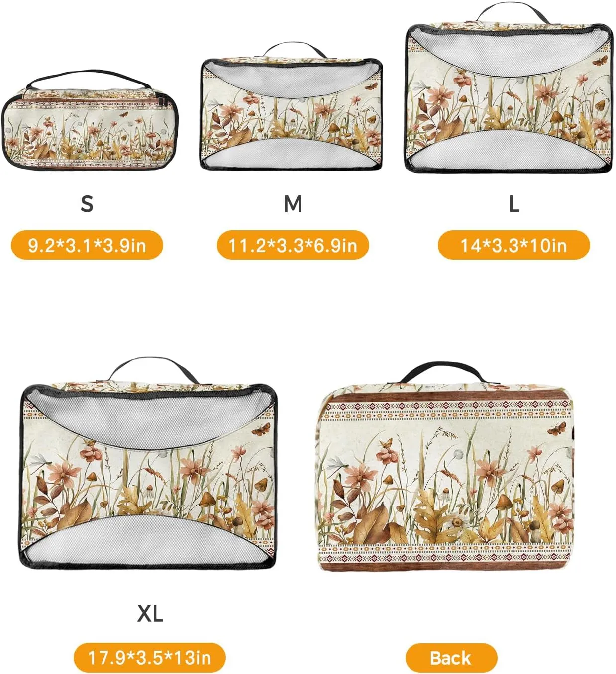 Packing Cubes Travel, 4 Set Travel Packing Organized Cubes Farmhouse Flower Floral Plants Boho Retro Waterproof Luggage Organizer with Laundry Bag Shoe Bag Travel Accessories Carry On Suitcases
