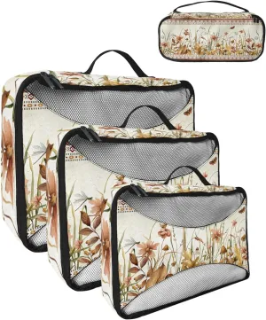 Packing Cubes Travel, 4 Set Travel Packing Organized Cubes Farmhouse Flower Floral Plants Boho Retro Waterproof Luggage Organizer with Laundry Bag Shoe Bag Travel Accessories Carry On Suitcases