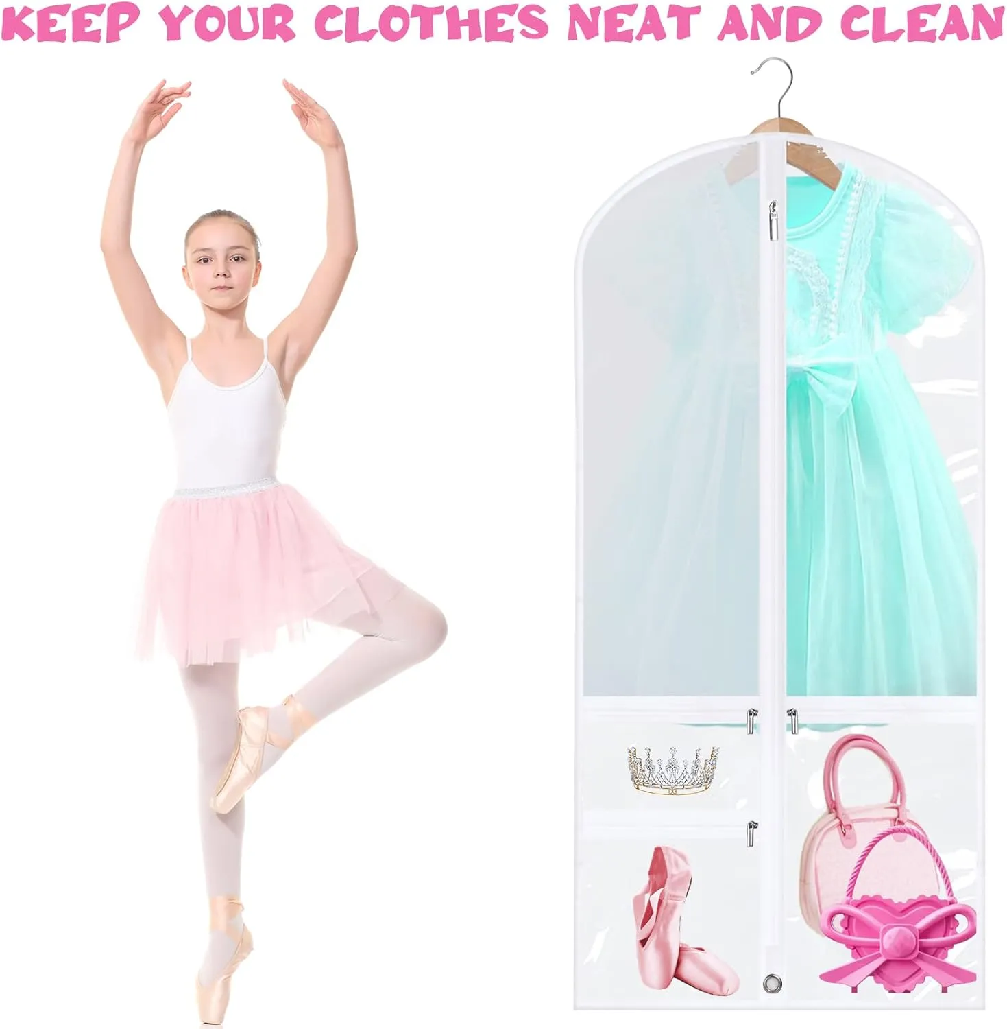 Paterr 10 Pcs 50 Inch Clear Dance Costume Garment Bag Plastic Garment Cover for Dance Competitions, with Zipper Multiple Pockets for Dancers Hanging Clothes Organizer Travel Storage(White)