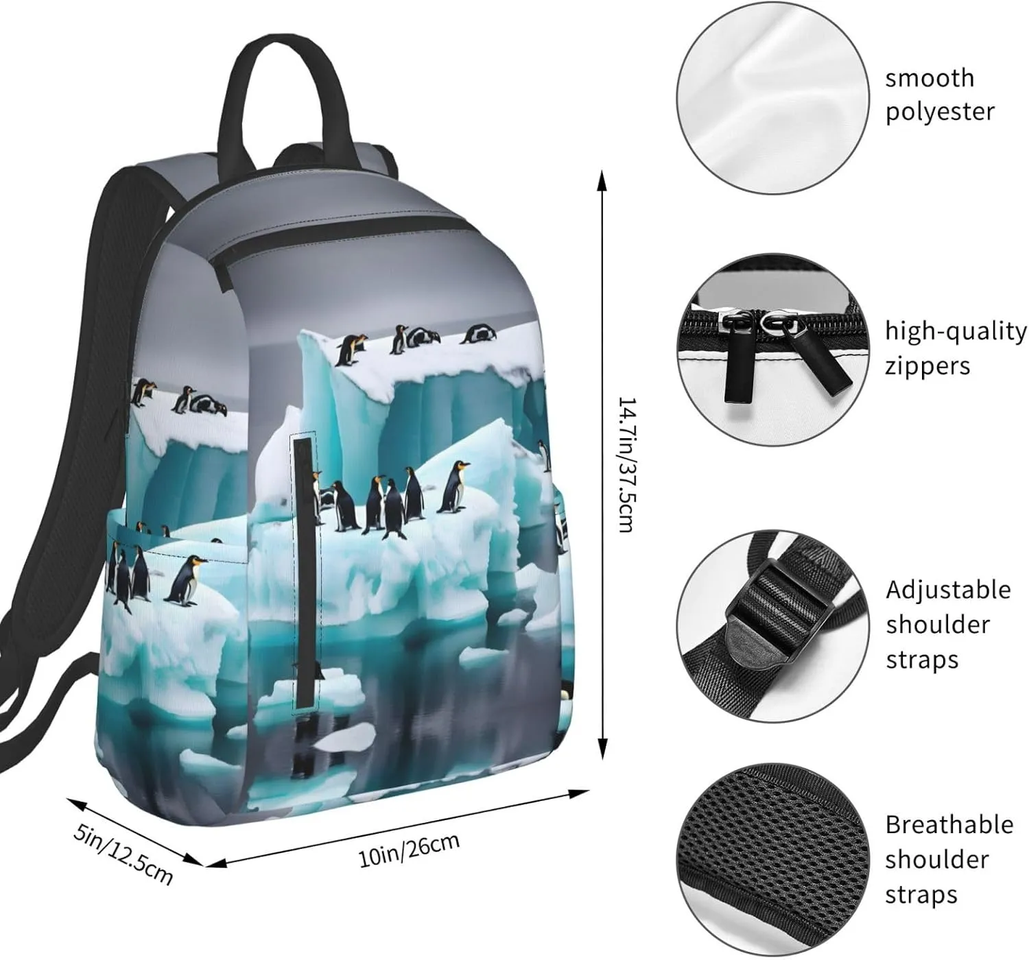 Penguins On The Iceberg Print Lightweight Backpack, Travel Bookbag College Bag,Laptop Backpack For Men Women