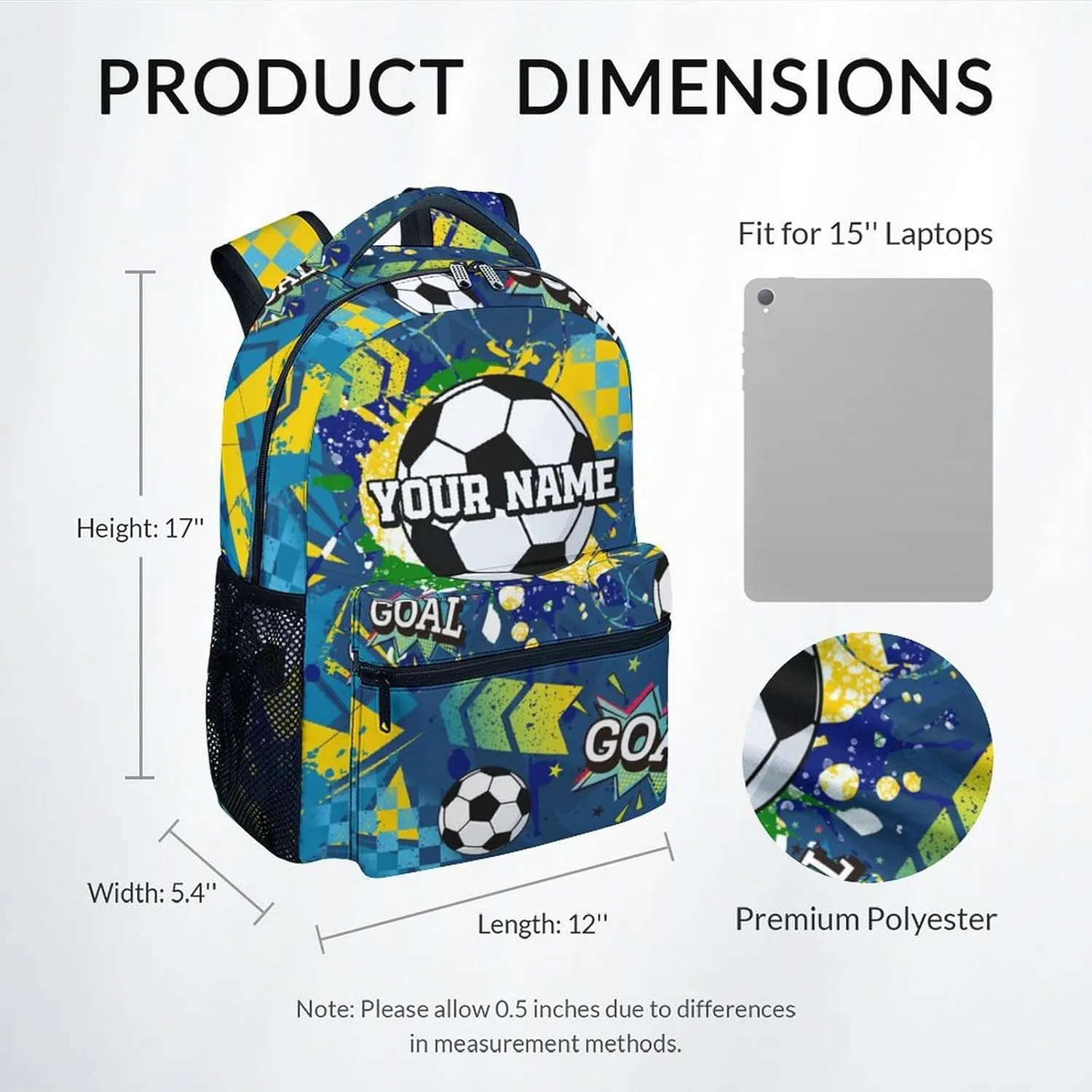 Personalized Backpack for Boys - 17 Inch Soccer Bookbag for Soccer Lovers - Lightweight Kids' Backpacks for Elementary Middle School