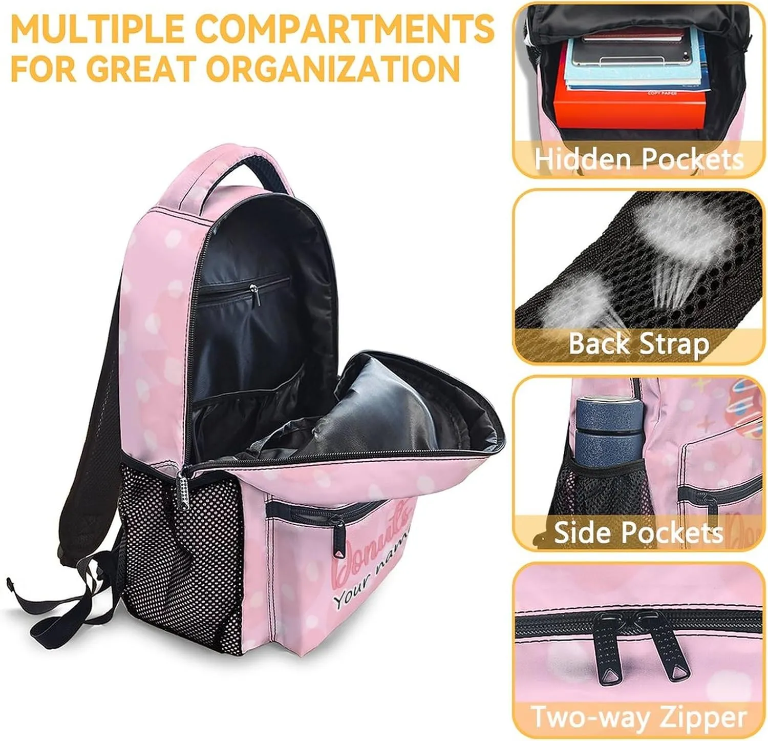 Personalized Donut Backpacks for Girls - 16 Inch Cute Backpack for School - Pink, Large Capacity, Durable, Lightweight Bookbag for Kids Travel