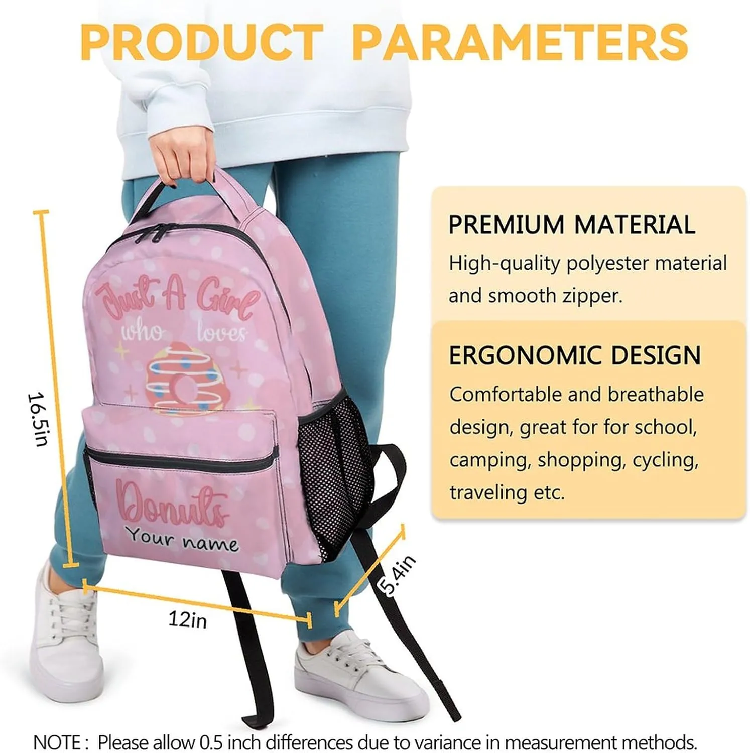 Personalized Donut Backpacks for Girls - 16 Inch Cute Backpack for School - Pink, Large Capacity, Durable, Lightweight Bookbag for Kids Travel