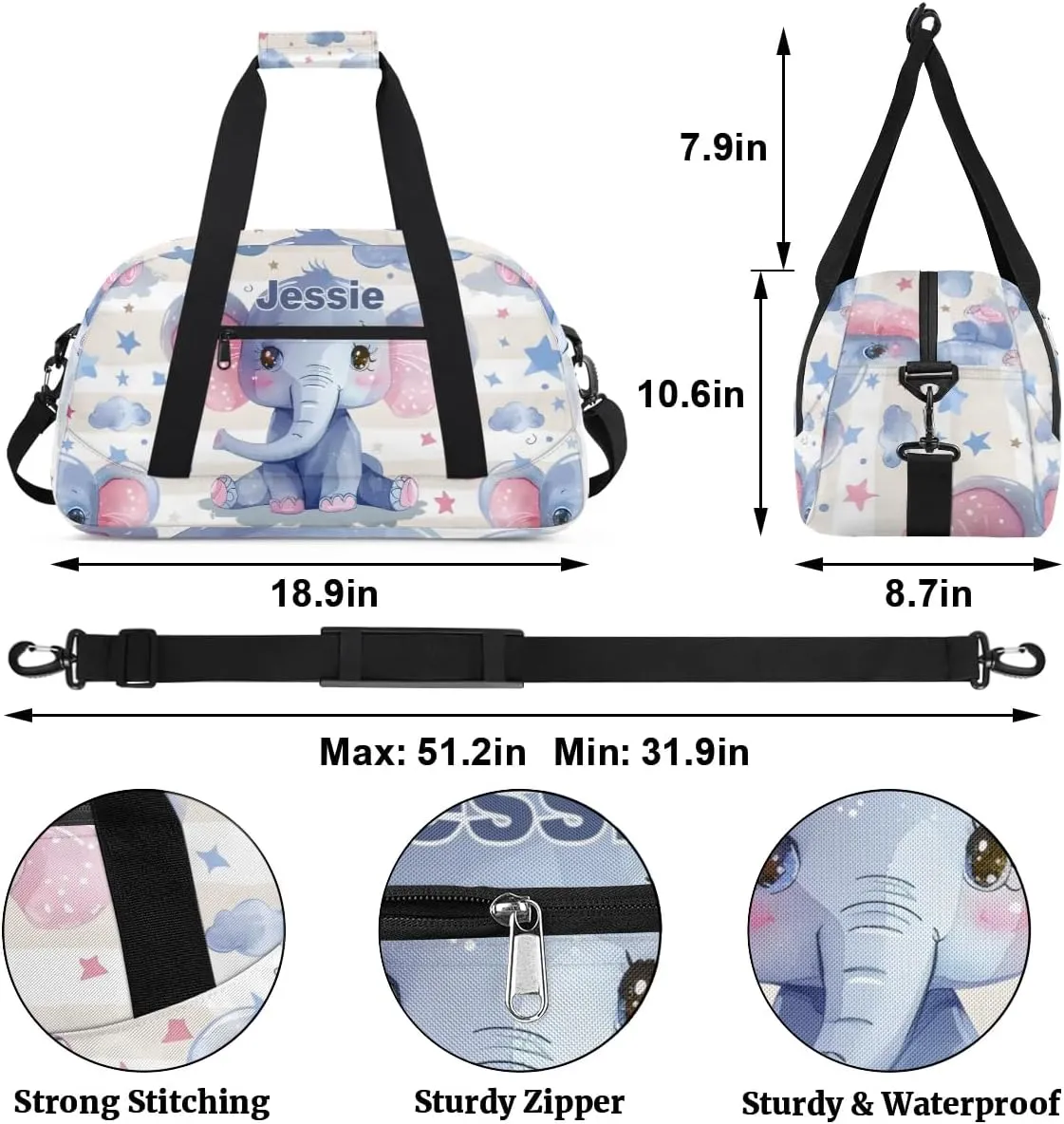 Personalized Duffel Bags for Kids Gym Bag with Name Small Dance Bag for Girls Luggage Bags for Boys Girls Elephant