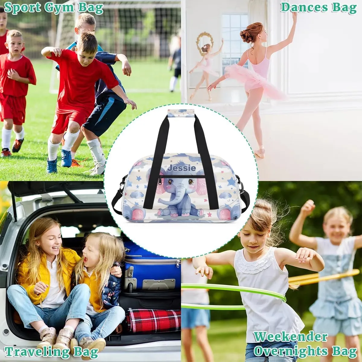 Personalized Duffel Bags for Kids Gym Bag with Name Small Dance Bag for Girls Luggage Bags for Boys Girls Elephant