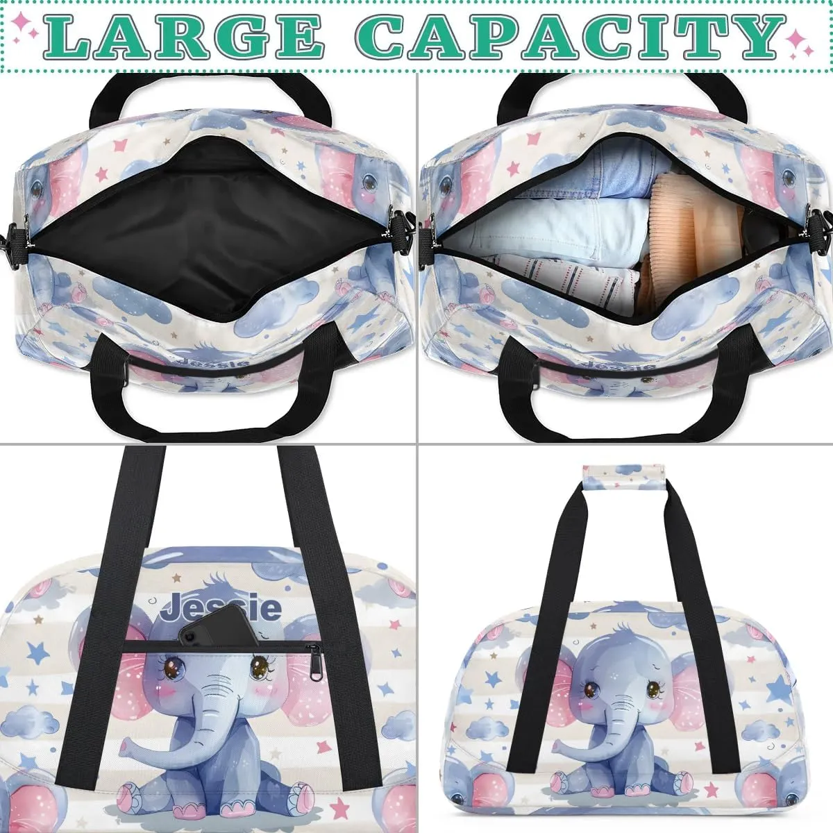 Personalized Duffel Bags for Kids Gym Bag with Name Small Dance Bag for Girls Luggage Bags for Boys Girls Elephant