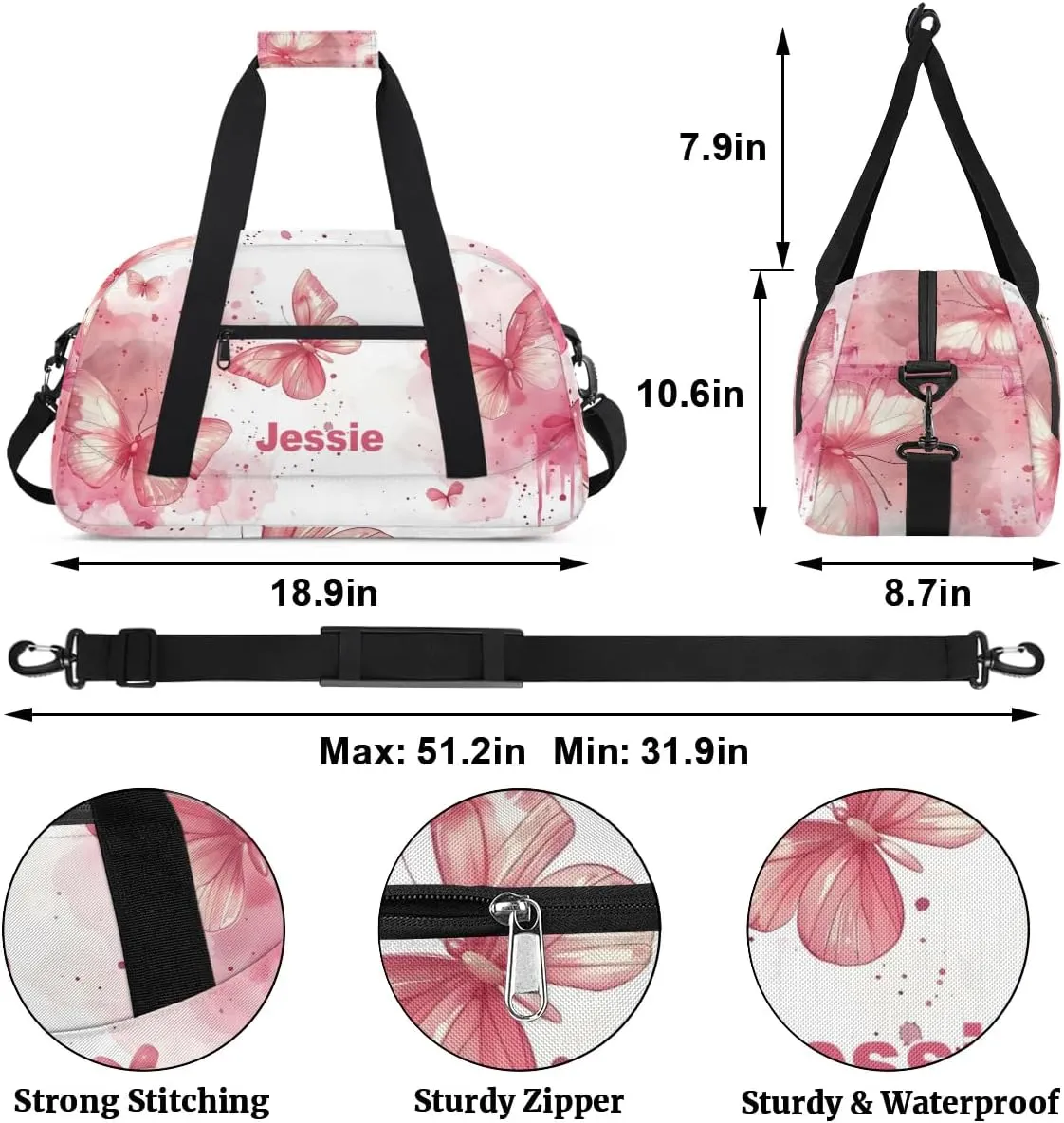 Personalized Duffel Bags for Kids Gym Bag with Name Small Dance Bag for Girls Luggage Bags for Boys Girls Pink Butterfly