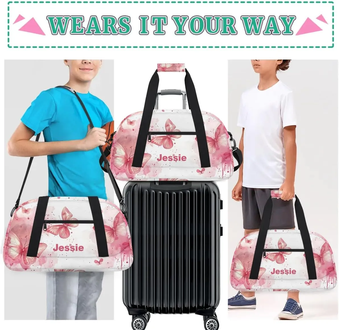 Personalized Duffel Bags for Kids Gym Bag with Name Small Dance Bag for Girls Luggage Bags for Boys Girls Pink Butterfly