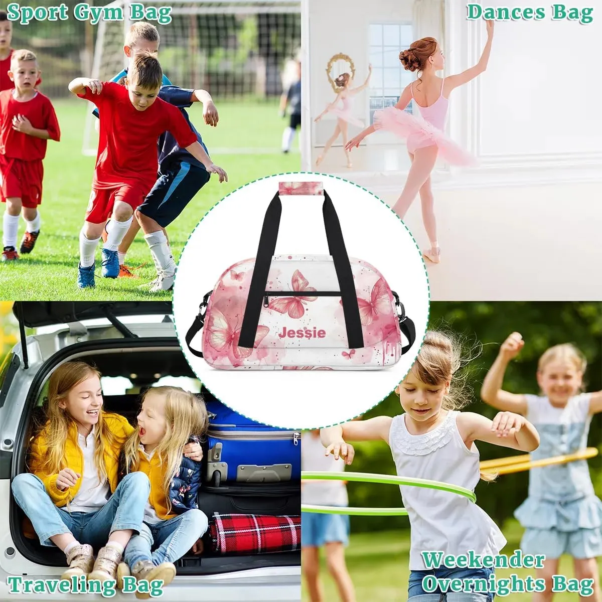 Personalized Duffel Bags for Kids Gym Bag with Name Small Dance Bag for Girls Luggage Bags for Boys Girls Pink Butterfly
