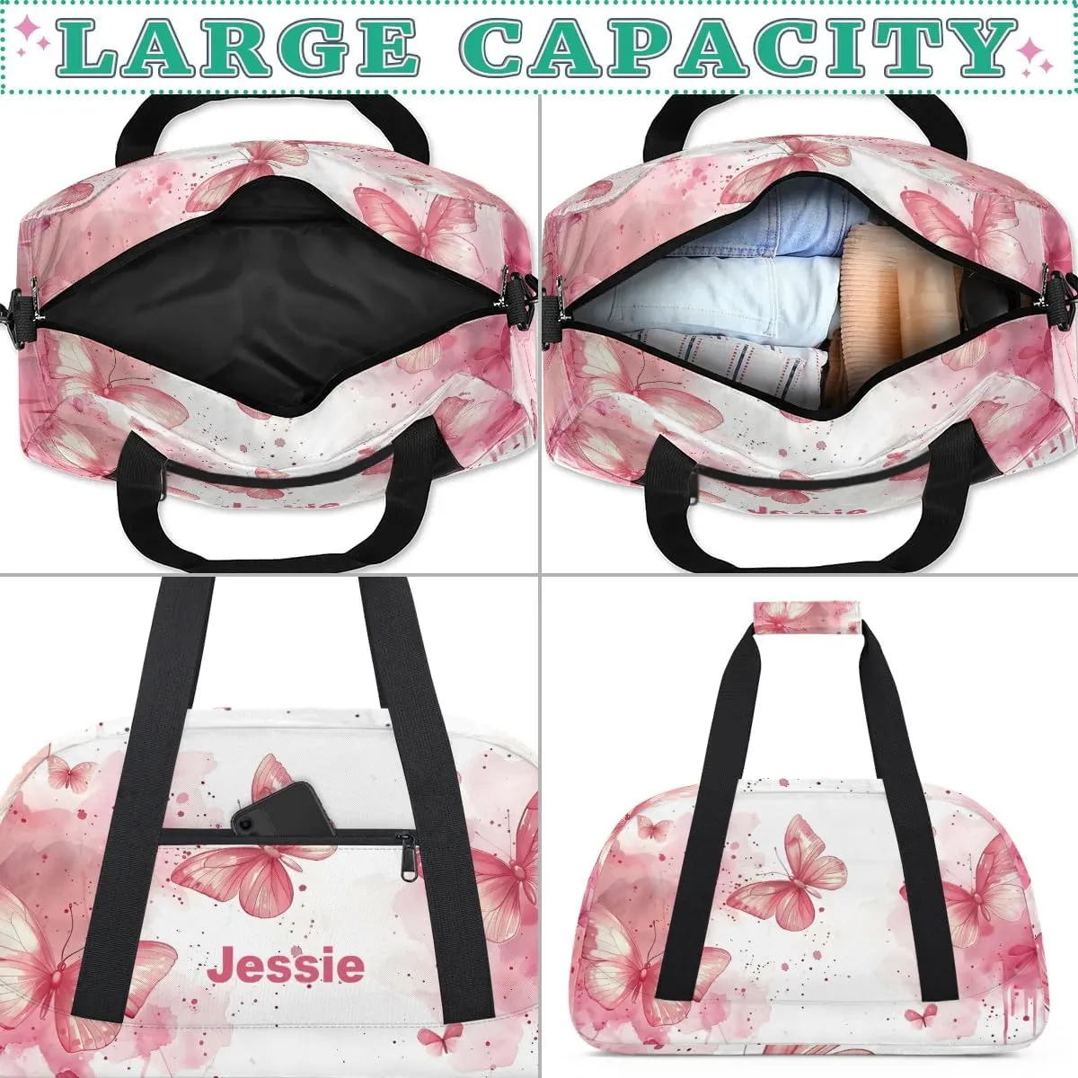 Personalized Duffel Bags for Kids Gym Bag with Name Small Dance Bag for Girls Luggage Bags for Boys Girls Pink Butterfly