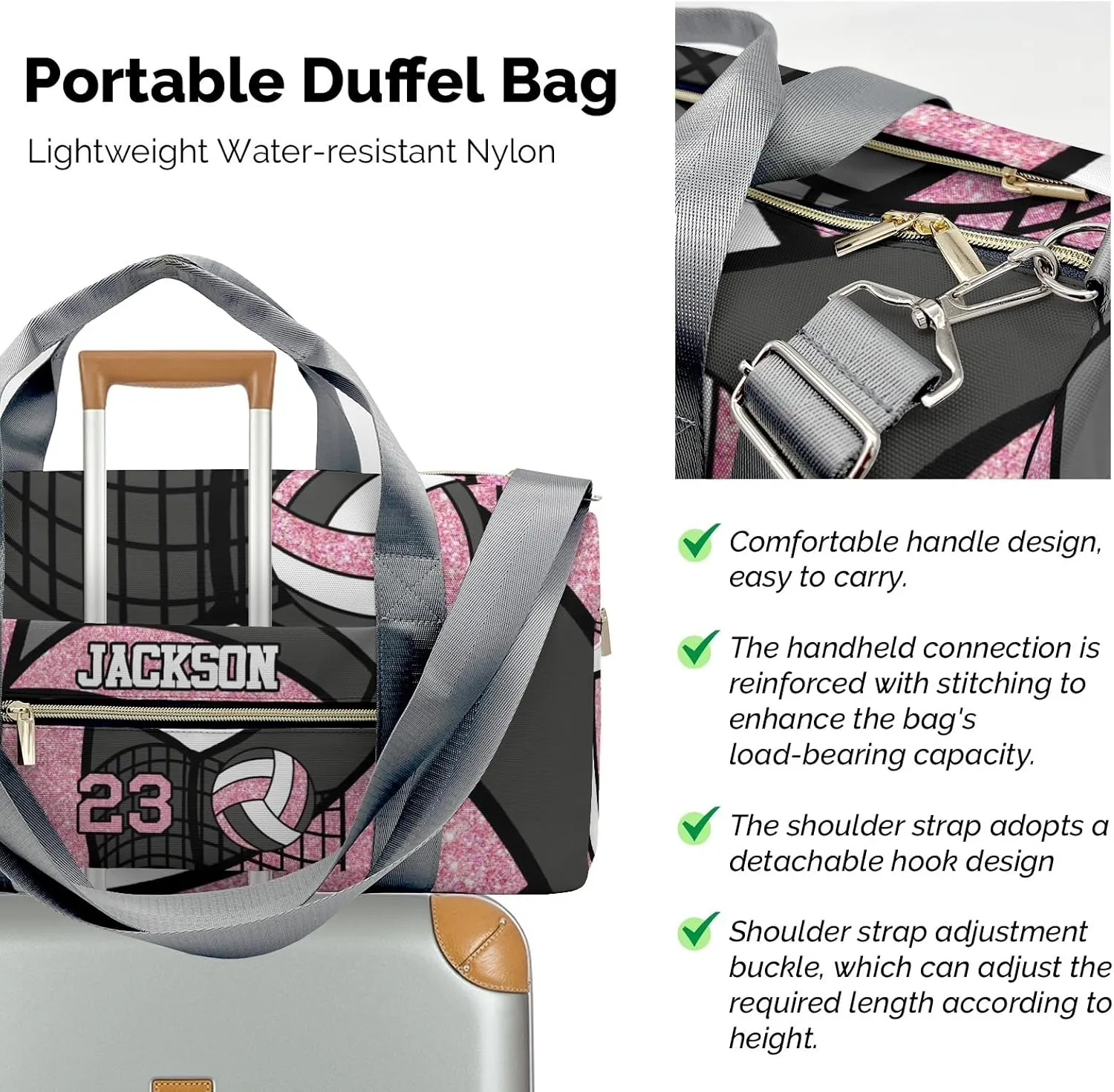 Personalized Pink Duffel Bag, 9.25 x 7.87 x 17.72 inches, Gym, Dance, Travel, Sports, Water-Resistant Nylon, Adjustable Detachable Strap, Zipper Closure