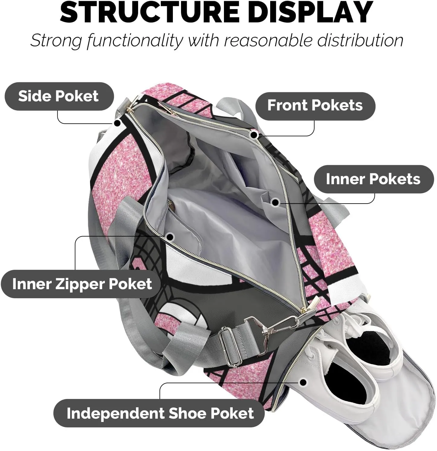 Personalized Pink Duffel Bag, 9.25 x 7.87 x 17.72 inches, Gym, Dance, Travel, Sports, Water-Resistant Nylon, Adjustable Detachable Strap, Zipper Closure