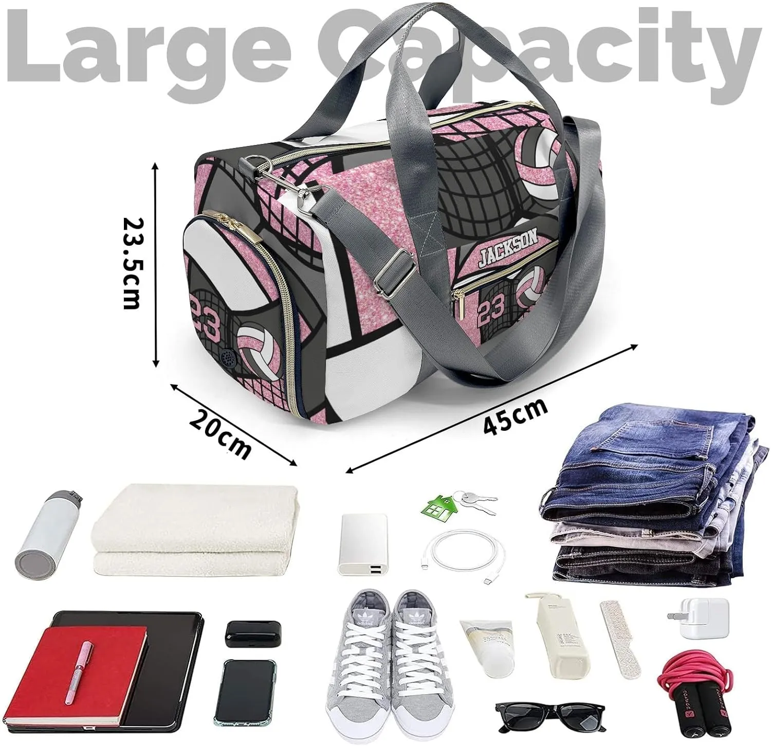 Personalized Pink Duffel Bag, 9.25 x 7.87 x 17.72 inches, Gym, Dance, Travel, Sports, Water-Resistant Nylon, Adjustable Detachable Strap, Zipper Closure