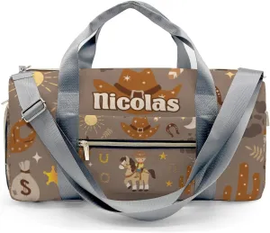 Personalized Sports Duffel Bags,Cowboy Cartoon Horse Custom Kids Duffle Bag for Boys Girls with Name,Lightweight Overnight Weekender Bag for Gymnastics Travel