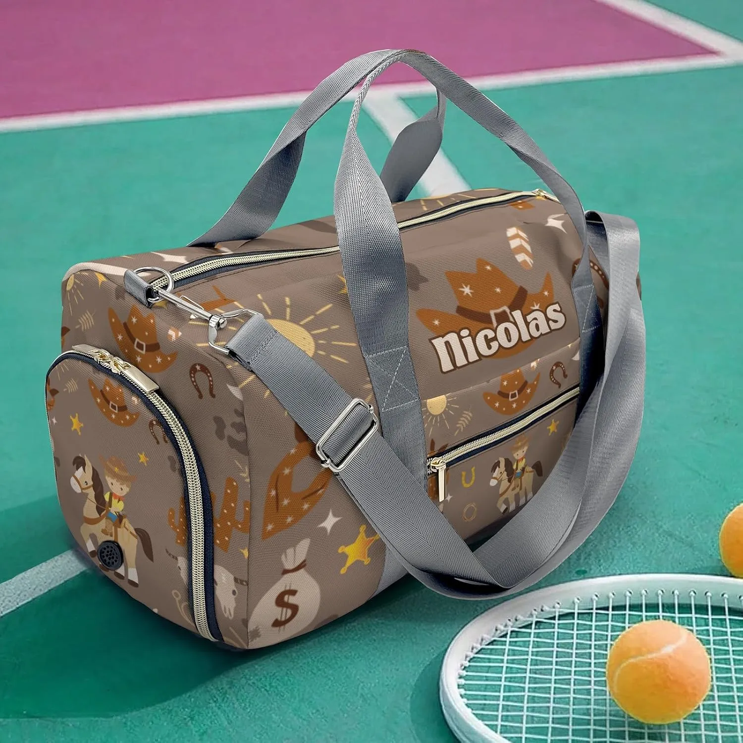 Personalized Sports Duffel Bags,Cowboy Cartoon Horse Custom Kids Duffle Bag for Boys Girls with Name,Lightweight Overnight Weekender Bag for Gymnastics Travel