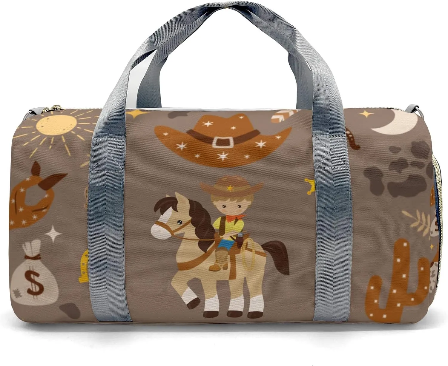 Personalized Sports Duffel Bags,Cowboy Cartoon Horse Custom Kids Duffle Bag for Boys Girls with Name,Lightweight Overnight Weekender Bag for Gymnastics Travel