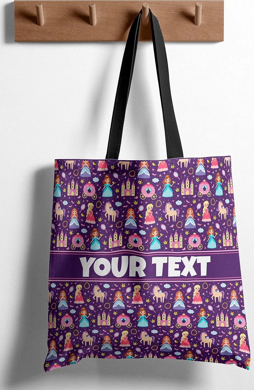 Personalized Tote Bag - Princesses, Custom Name/Text, Reusable w/Straps, Canvas Cloth Fabric, Customized Gift Idea, Birthday/Christmas/Holiday Present, 13x13