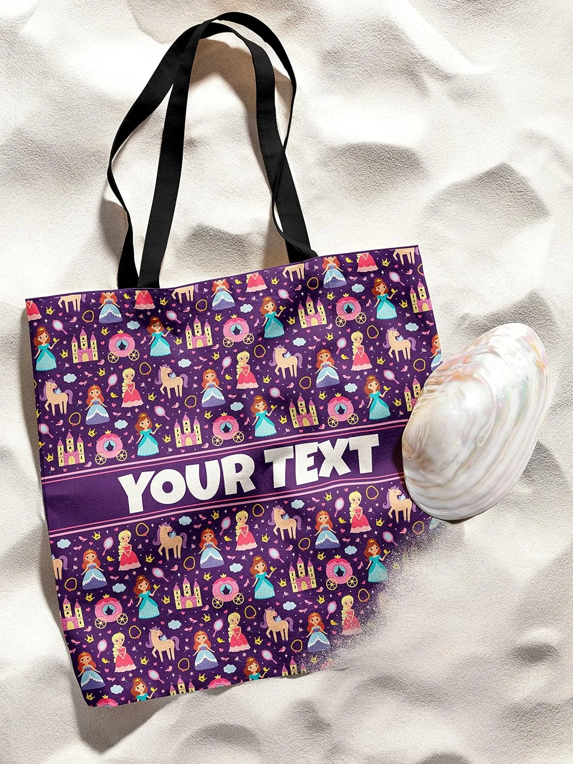 Personalized Tote Bag - Princesses, Custom Name/Text, Reusable w/Straps, Canvas Cloth Fabric, Customized Gift Idea, Birthday/Christmas/Holiday Present, 13x13
