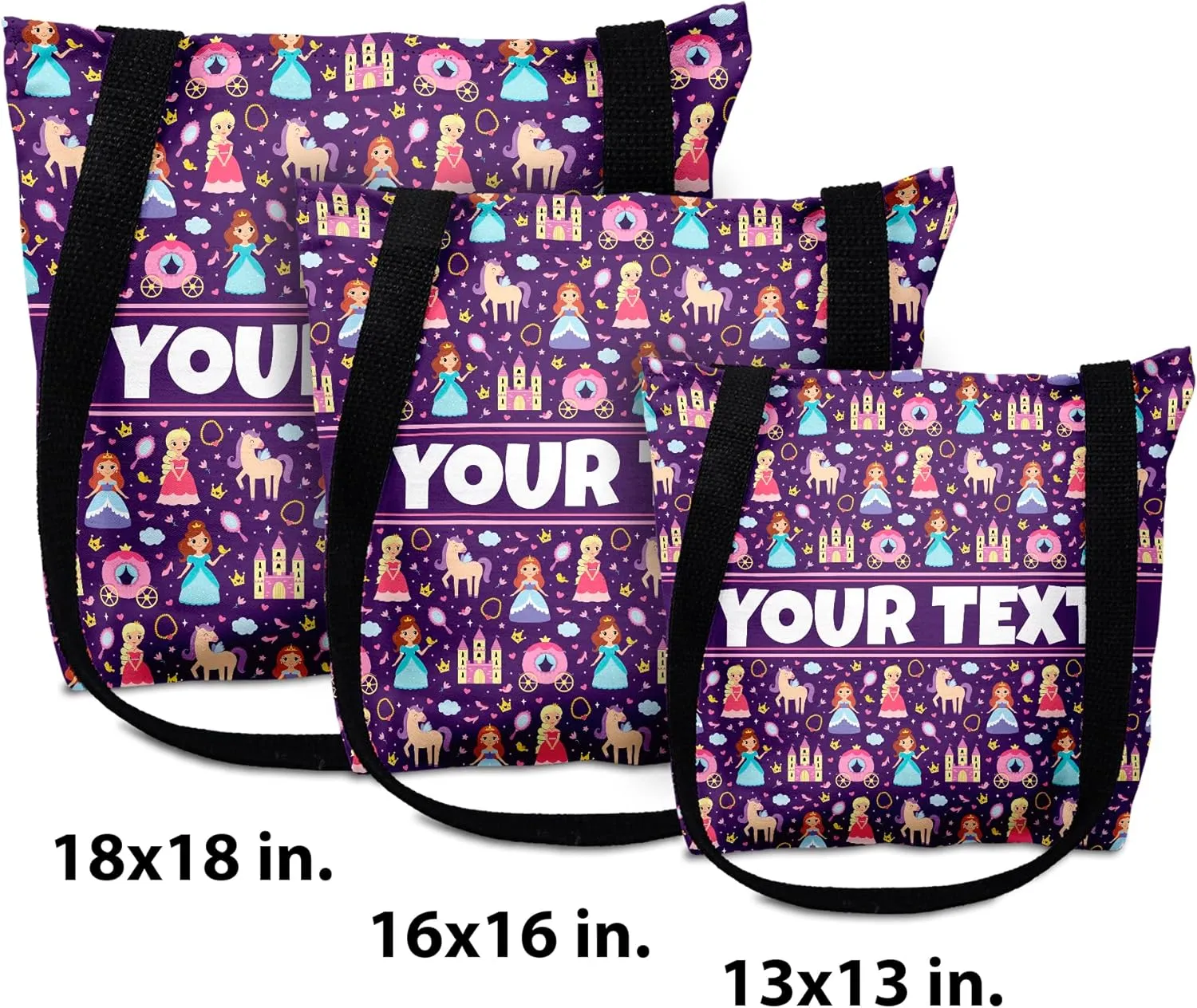 Personalized Tote Bag - Princesses, Custom Name/Text, Reusable w/Straps, Canvas Cloth Fabric, Customized Gift Idea, Birthday/Christmas/Holiday Present, 13x13