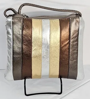 Pewter silver bronze and gold metallic Zigzag stich Crossbody Handbag #TR3302psbgm-Z, Purses,Universal Use Genuine Leather.Made in USA.