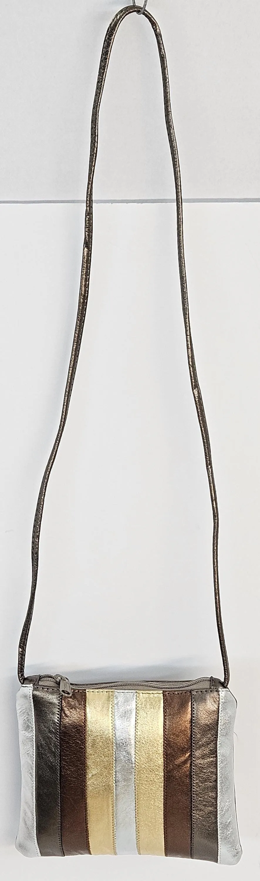 Pewter silver bronze and gold metallic Zigzag stich Crossbody Handbag #TR3302psbgm-Z, Purses,Universal Use Genuine Leather.Made in USA.