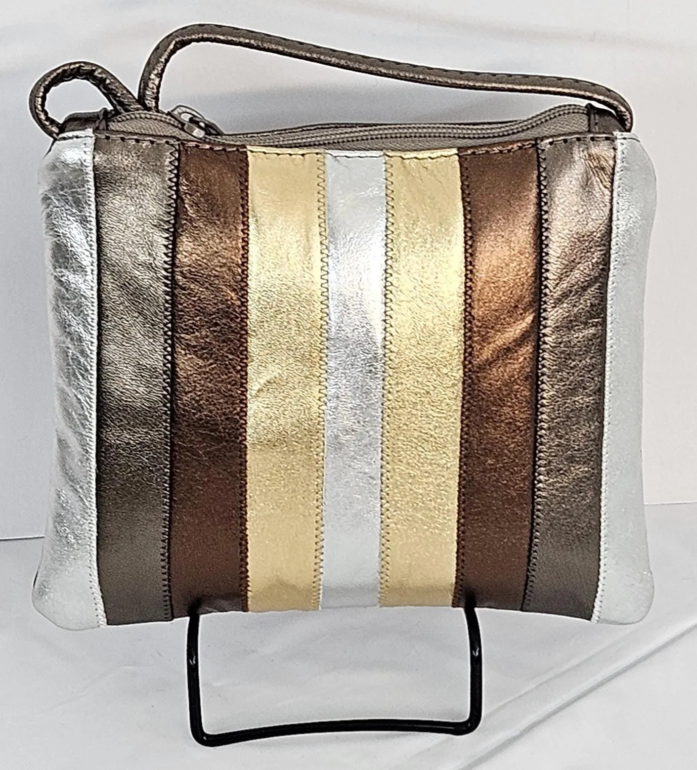 Pewter silver bronze and gold metallic Zigzag stich Crossbody Handbag #TR3302psbgm-Z, Purses,Universal Use Genuine Leather.Made in USA.