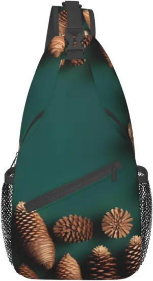 Pine Cone Border Crossbody Bag, Men'S And Women'S Chest Crossbody Bag, Zipper Closure, Strap Length Adjustable